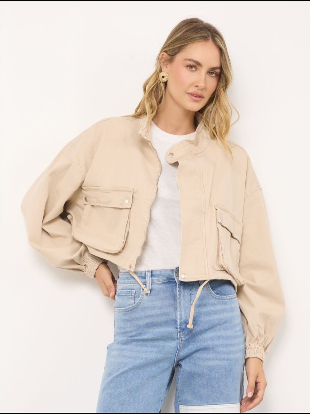 American Bazi Women’s Cropped Utility Jacket in Almond